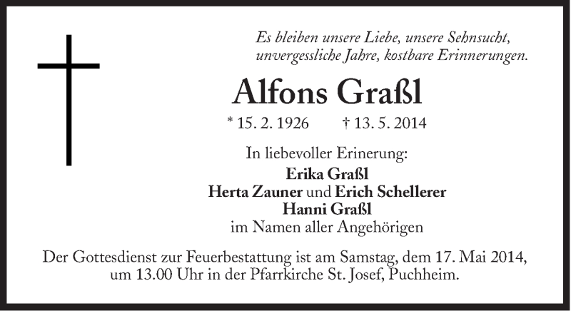  Traueranzeige für Alfons Graßl vom 15.05.2014 aus Süddeutsche Zeitung