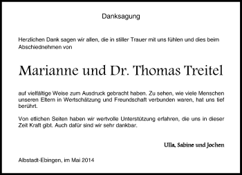 Traueranzeige von Marianne und Dr. Thomas Treitel von Süddeutsche Zeitung