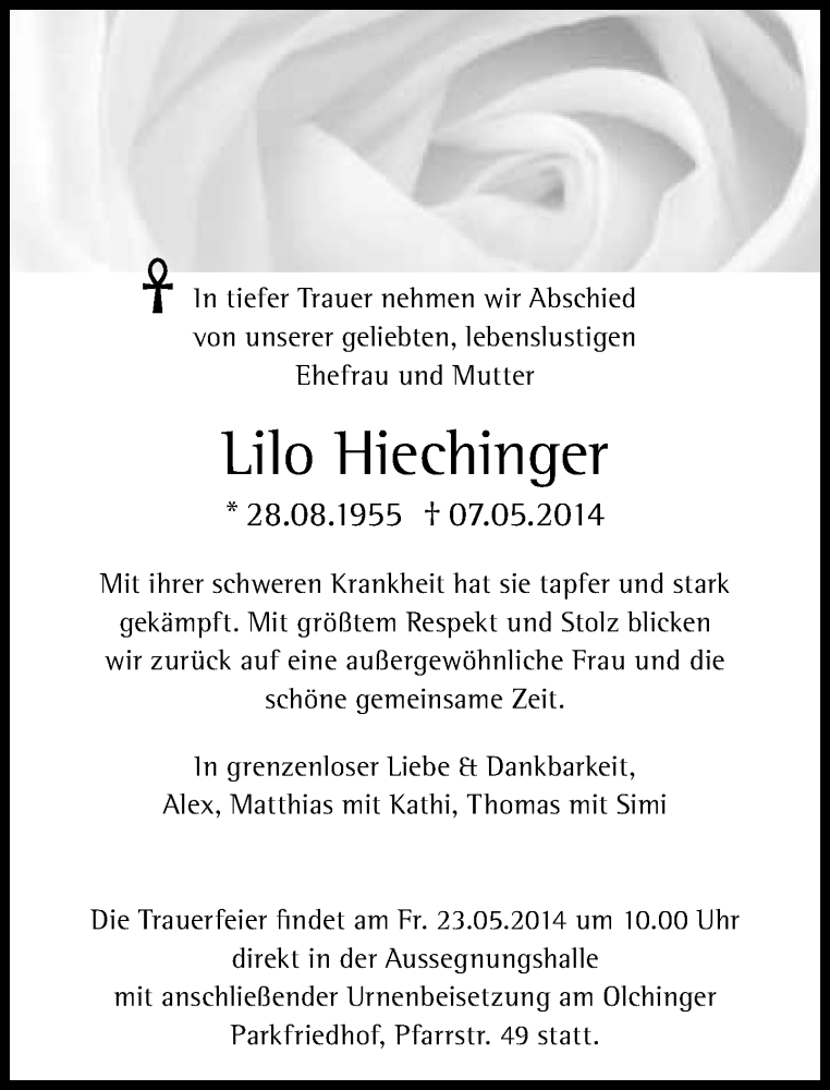  Traueranzeige für Lilo Hiechinger vom 17.05.2014 aus Süddeutsche Zeitung