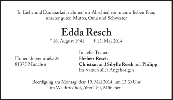 Traueranzeige von Edda Resch von Süddeutsche Zeitung