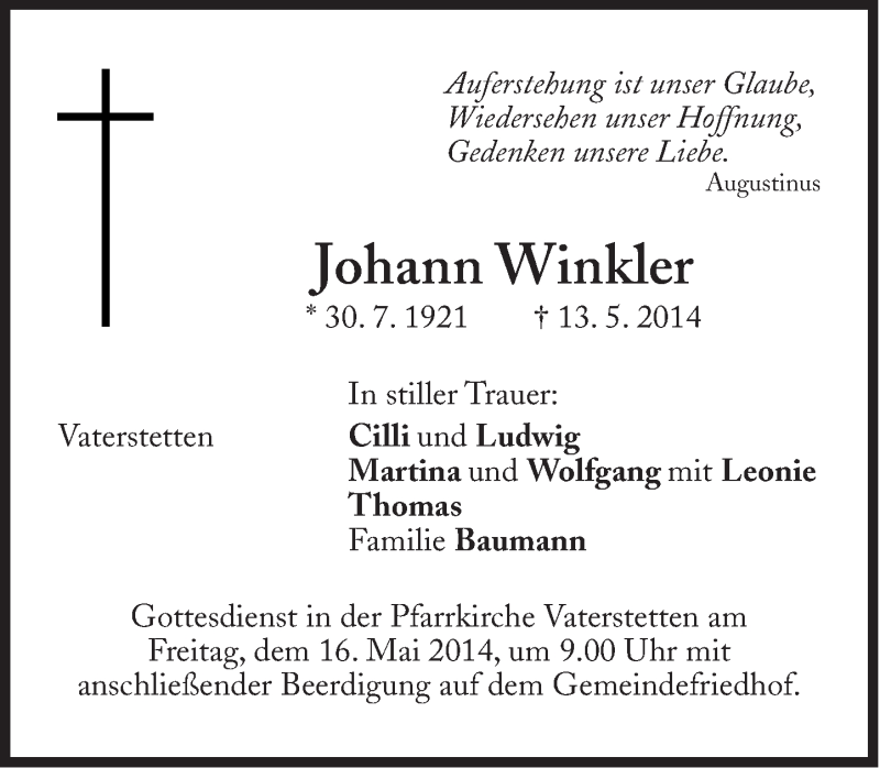  Traueranzeige für Johann Winkler vom 15.05.2014 aus Süddeutsche Zeitung