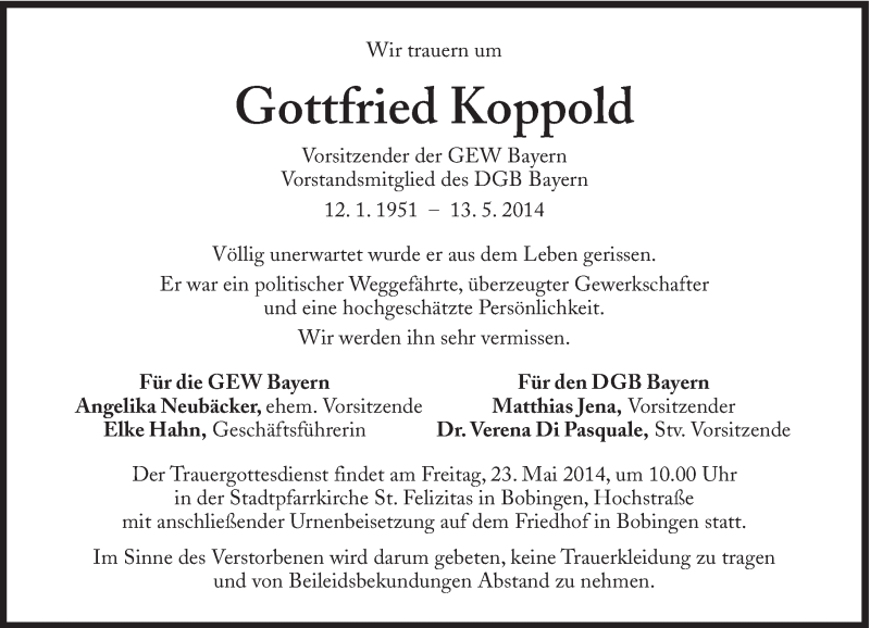  Traueranzeige für Gottfried Koppold vom 20.05.2014 aus Süddeutsche Zeitung