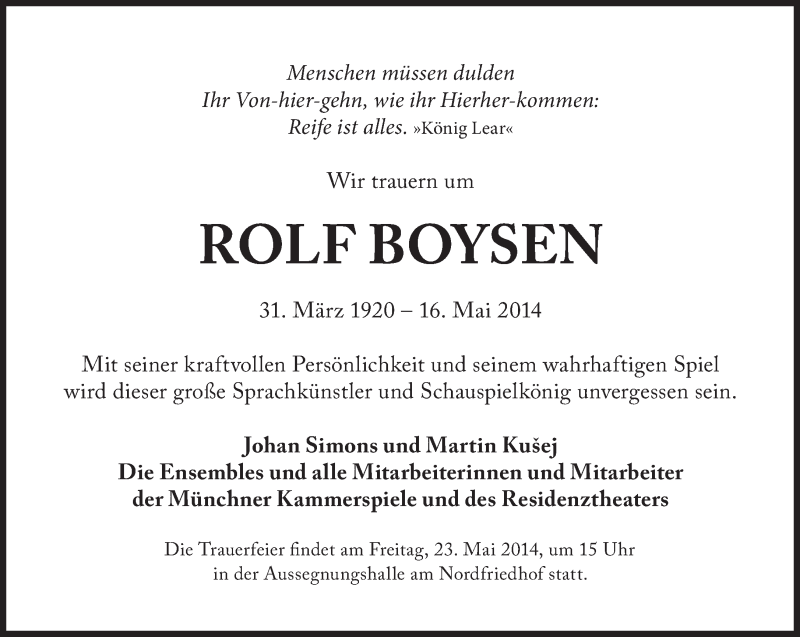  Traueranzeige für Rolf Boysen vom 20.05.2014 aus Süddeutsche Zeitung