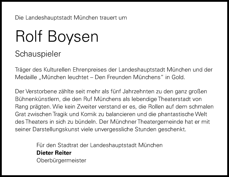  Traueranzeige für Rolf Boysen vom 21.05.2014 aus Süddeutsche Zeitung