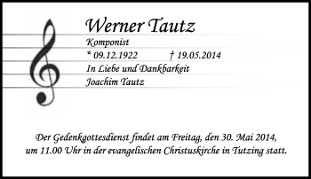 Traueranzeige von Werner Tautz von Süddeutsche Zeitung