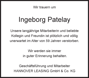 Traueranzeige von Ingeborg Patelay von Süddeutsche Zeitung