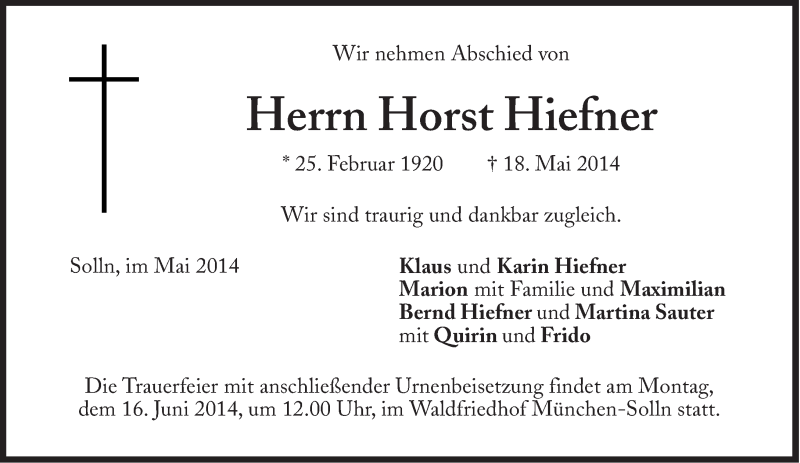  Traueranzeige für Horst Hiefner vom 12.06.2014 aus Süddeutsche Zeitung