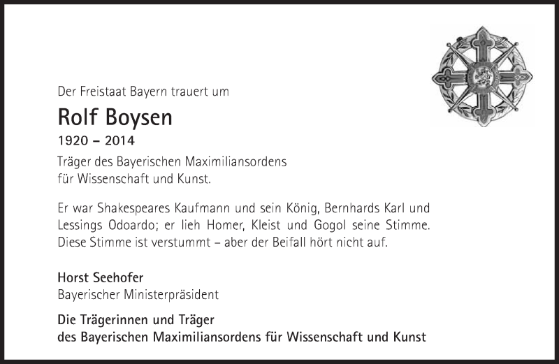  Traueranzeige für Rolf Boysen vom 24.05.2014 aus Süddeutsche Zeitung