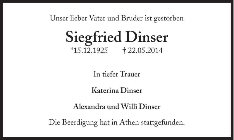  Traueranzeige für Siegfried Dinser vom 24.05.2014 aus Süddeutsche Zeitung