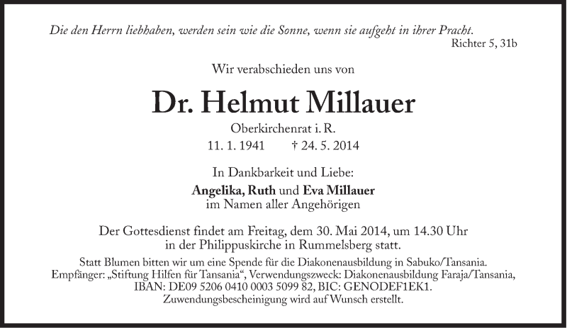  Traueranzeige für Helmut Millauer vom 27.05.2014 aus Süddeutsche Zeitung