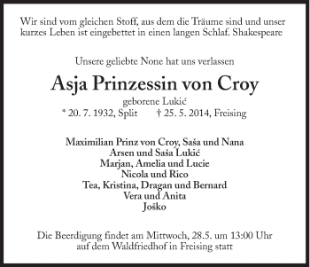 Traueranzeige von Asja  Prinzessin von Croy von Süddeutsche Zeitung