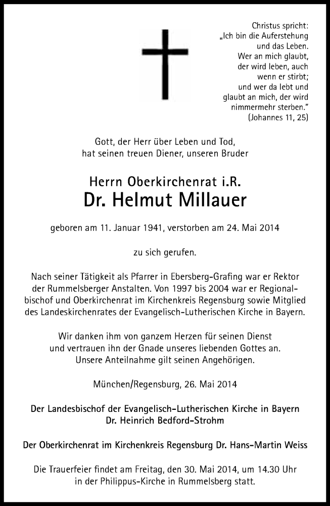  Traueranzeige für Helmut Millauer vom 28.05.2014 aus Süddeutsche Zeitung
