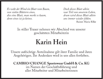 Traueranzeige von Karin Hein von Süddeutsche Zeitung