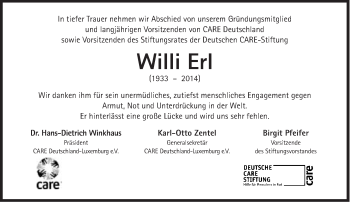 Traueranzeige von Willi Erl von Süddeutsche Zeitung