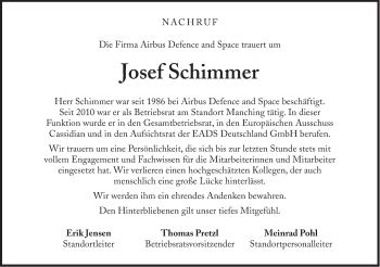 Traueranzeige von Josef Schimmer von Süddeutsche Zeitung