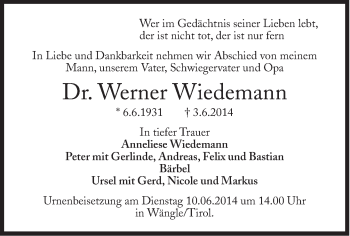 Traueranzeige von Werner Wiedemann von Süddeutsche Zeitung