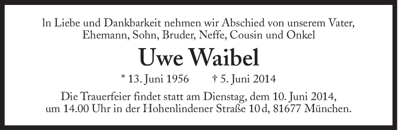  Traueranzeige für Uwe Waibel vom 07.06.2014 aus Süddeutsche Zeitung
