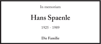 Traueranzeige von Hans Spaenle von Süddeutsche Zeitung