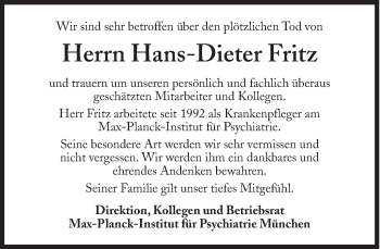 Traueranzeige von Hans-Dieter Fritz von Süddeutsche Zeitung