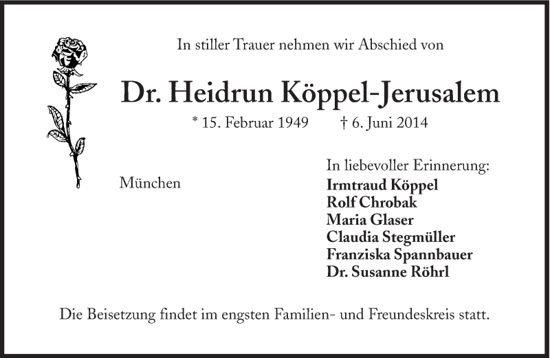  Traueranzeige für Dr. Heidrun Köppel-Jerusalem vom 14.06.2014 aus Süddeutsche Zeitung