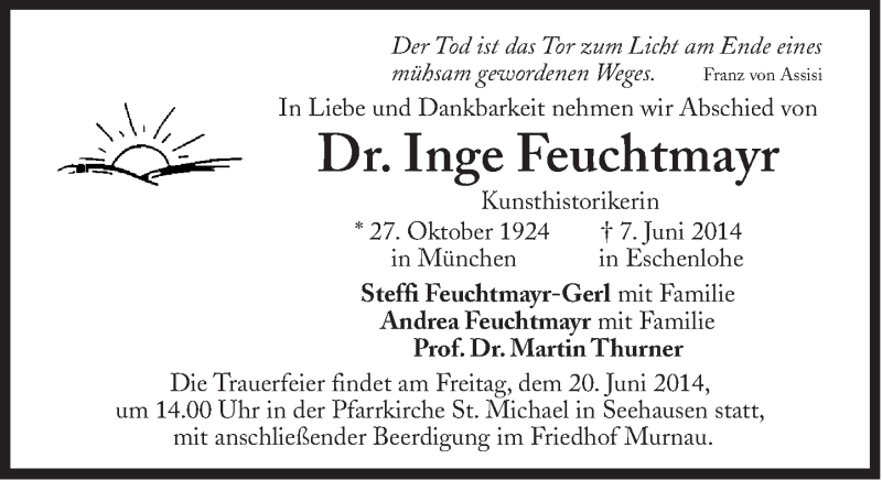  Traueranzeige für Dr. Inge Feuchtmayr vom 14.06.2014 aus Süddeutsche Zeitung