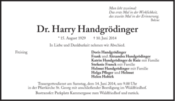 Traueranzeige von Dr. Harry Handgrödinger von Süddeutsche Zeitung