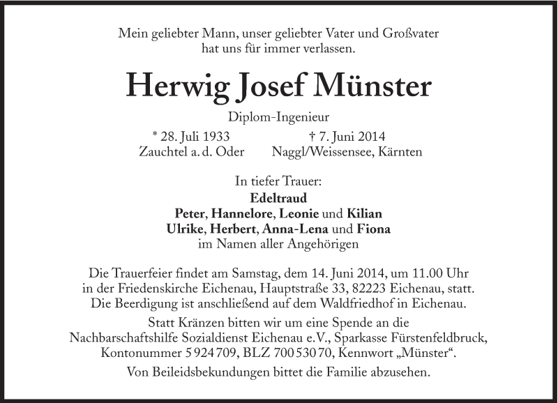  Traueranzeige für Herwig Josef Münster vom 12.06.2014 aus Süddeutsche Zeitung