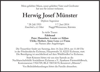Traueranzeige von Herwig Josef Münster von Süddeutsche Zeitung
