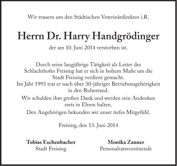 Traueranzeige von Dr. Harry Handgrödinger von Süddeutsche Zeitung