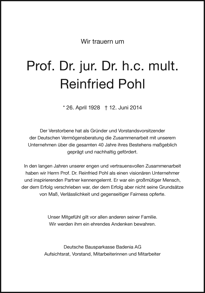  Traueranzeige für Reinfried Pohl vom 18.06.2014 aus Süddeutsche Zeitung