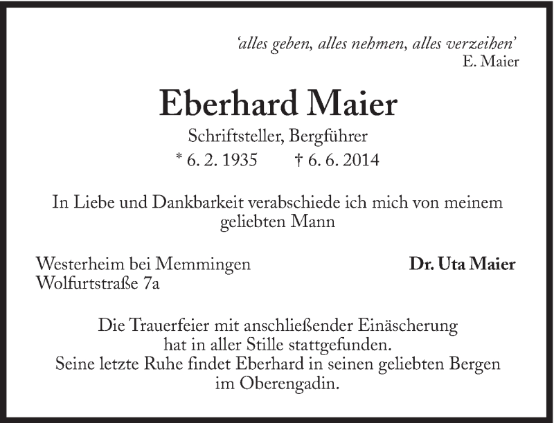  Traueranzeige für Eberhard Maier vom 18.06.2014 aus Süddeutsche Zeitung