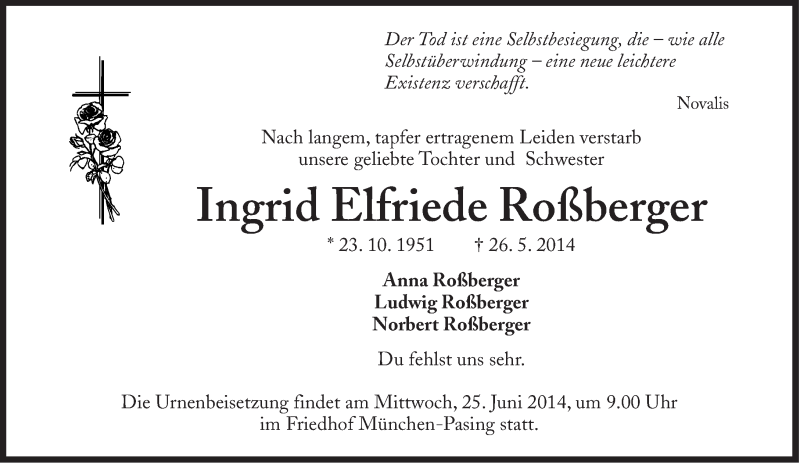  Traueranzeige für Ingrid Elfriede Roßberger vom 21.06.2014 aus Süddeutsche Zeitung