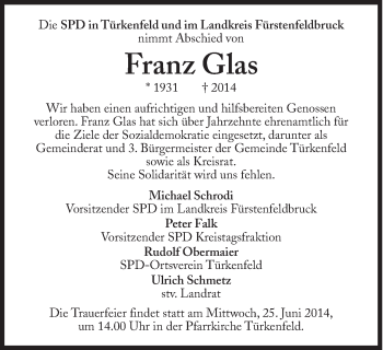 Traueranzeige von Franz Glas von Süddeutsche Zeitung