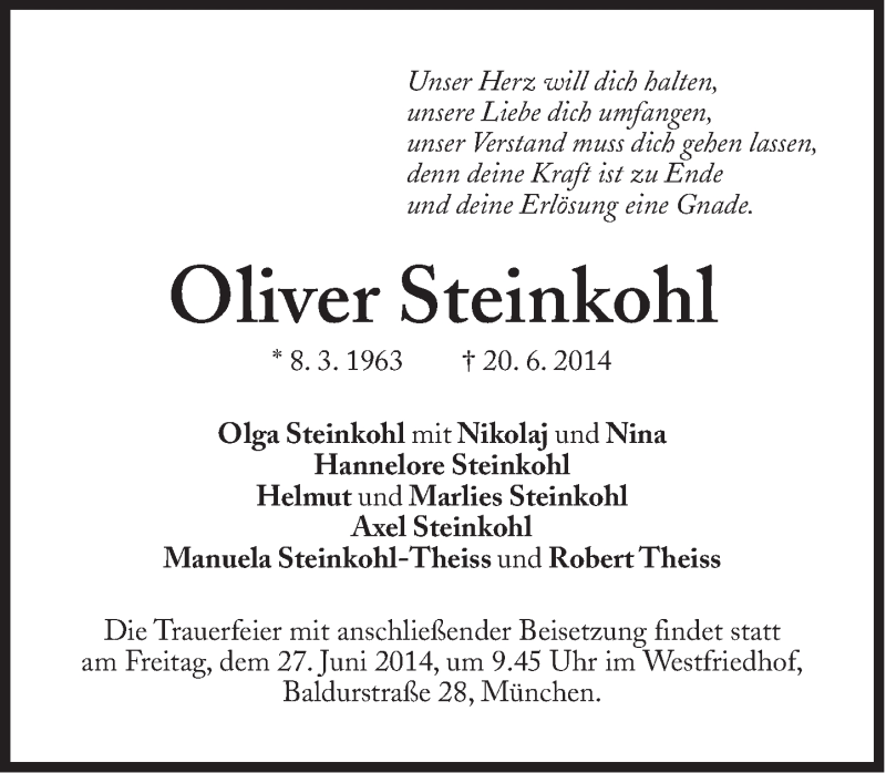  Traueranzeige für Oliver Steinkohl vom 25.06.2014 aus Süddeutsche Zeitung