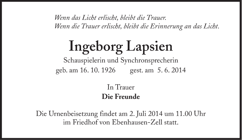  Traueranzeige für Ingeborg Lapsien vom 28.06.2014 aus Süddeutsche Zeitung