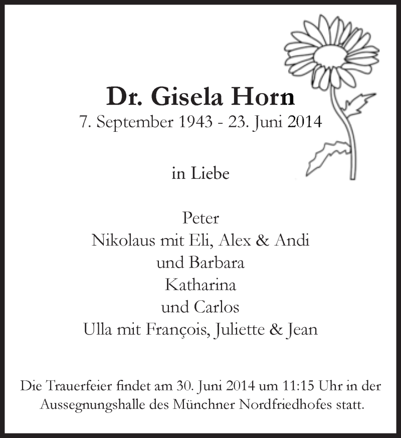  Traueranzeige für Gisela Horn vom 27.06.2014 aus Süddeutsche Zeitung