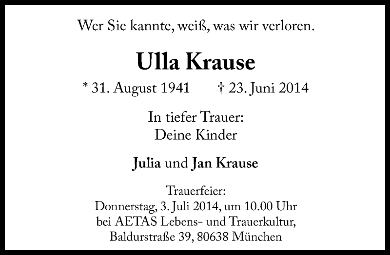  Traueranzeige für Ulla Krause vom 28.06.2014 aus Süddeutsche Zeitung