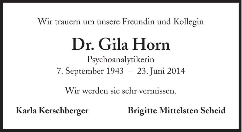  Traueranzeige für Gisela Horn vom 27.06.2014 aus Süddeutsche Zeitung