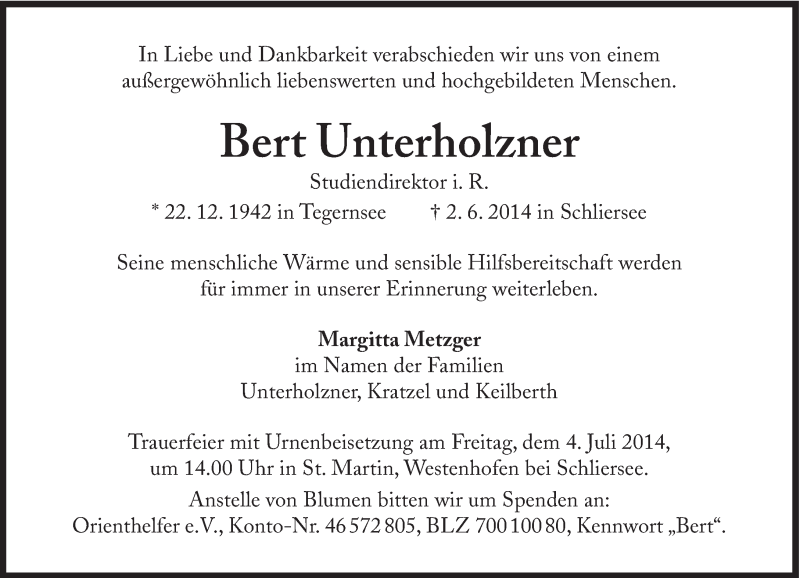  Traueranzeige für Bert Unterholzner vom 28.06.2014 aus Süddeutsche Zeitung