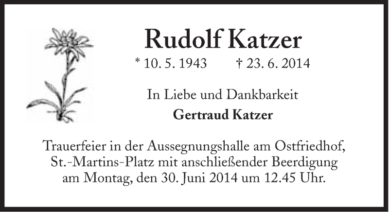  Traueranzeige für Rudolf Katzer vom 28.06.2014 aus Süddeutsche Zeitung