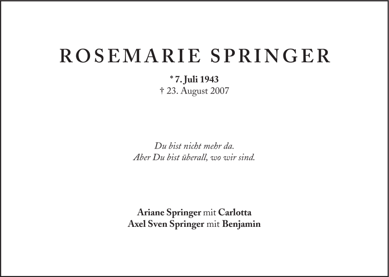  Traueranzeige für Rosemarie Springer vom 07.07.2014 aus Süddeutsche Zeitung