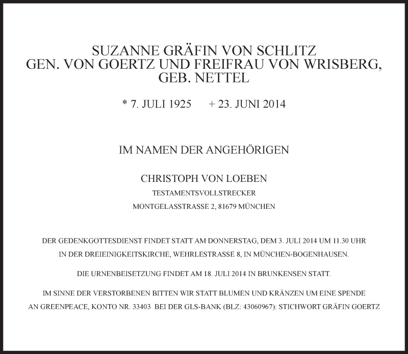  Traueranzeige für Suzanne Gräfin von Schlitz vom 28.06.2014 aus Süddeutsche Zeitung