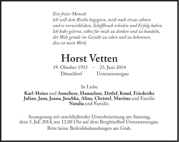Traueranzeige von Horst Vetten von Süddeutsche Zeitung