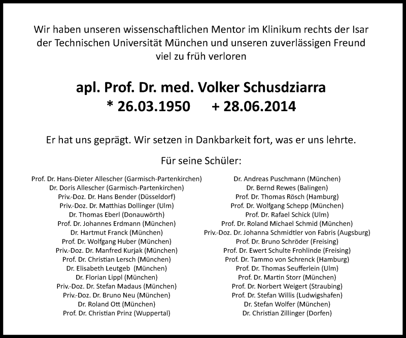  Traueranzeige für Volker Schusdziarra vom 05.07.2014 aus Süddeutsche Zeitung