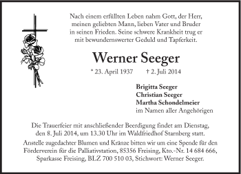 Traueranzeige von Werner Seeger von Süddeutsche Zeitung