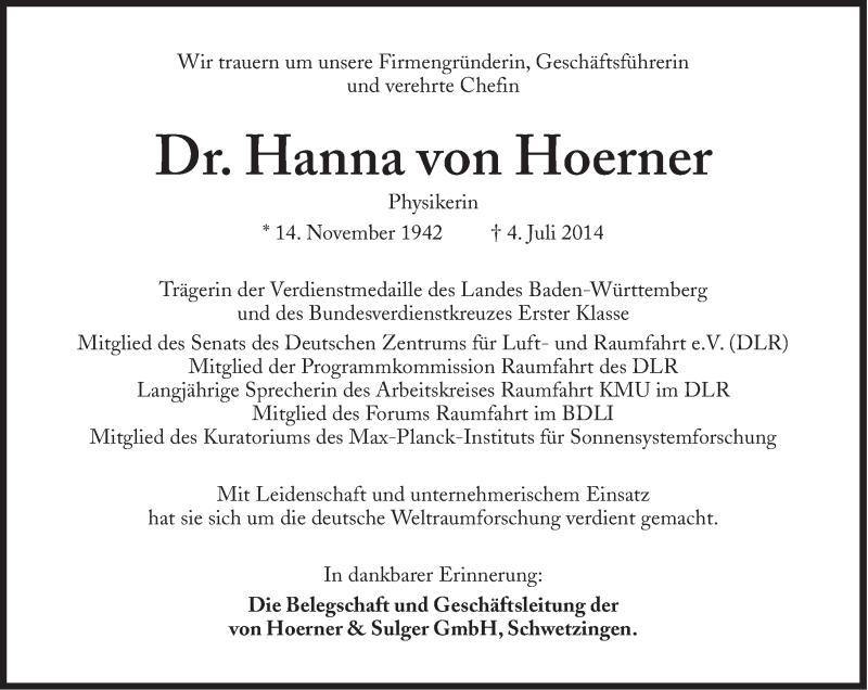  Traueranzeige für Hanna  von Hoerner vom 07.07.2014 aus Süddeutsche Zeitung