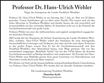 Traueranzeige von Hans-Ulrich Wehler von Süddeutsche Zeitung