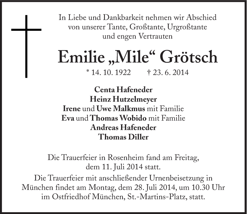  Traueranzeige für Emilie  Grötsch vom 26.07.2014 aus Süddeutsche Zeitung