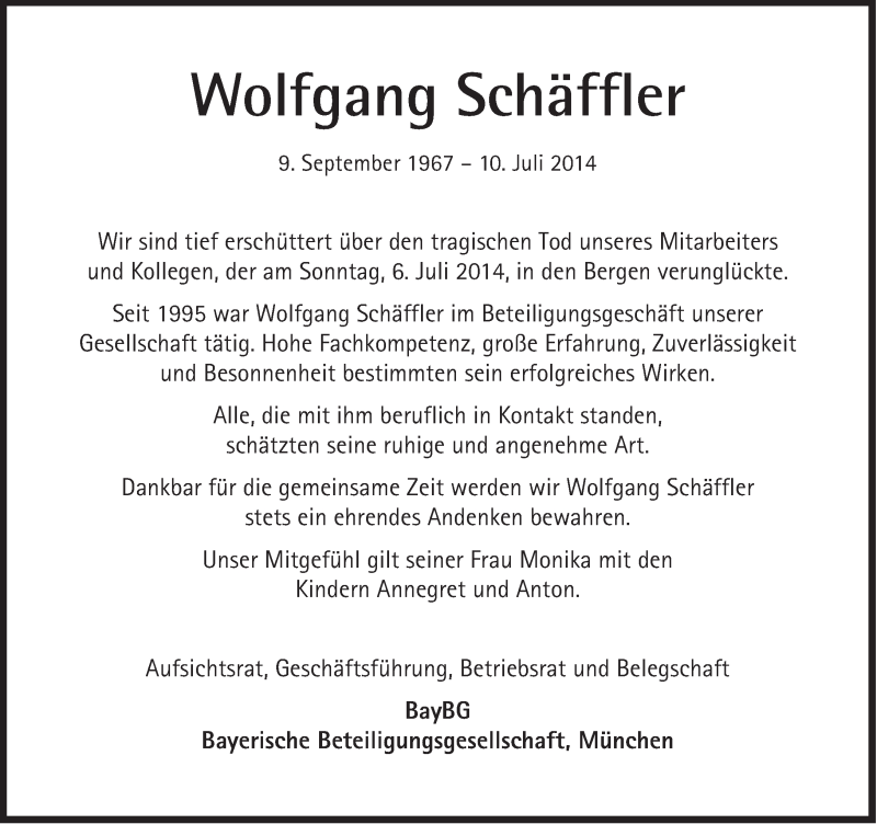  Traueranzeige für Wolfgang Schäffler vom 15.07.2014 aus Süddeutsche Zeitung