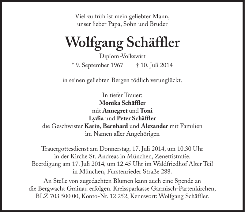  Traueranzeige für Wolfgang Schäffler vom 15.07.2014 aus Süddeutsche Zeitung